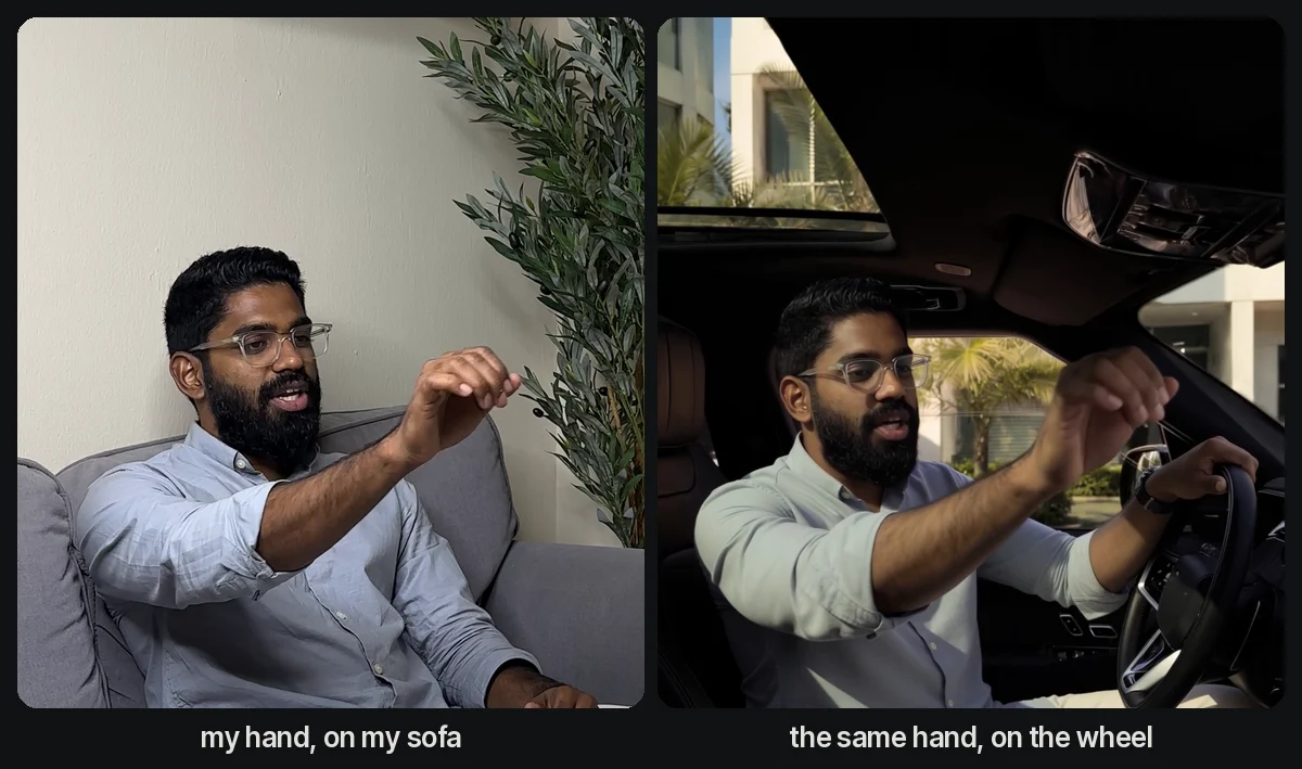 my raised hand on the sofa, and the same hand on the steering wheel in the AI car