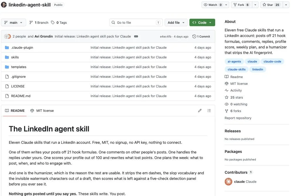 The linkedin-agent-skill repo on GitHub with its MIT licence