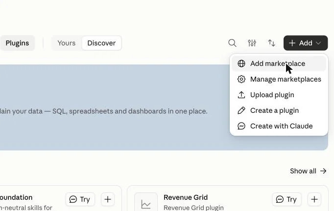 Customize → Plugins → Add marketplace